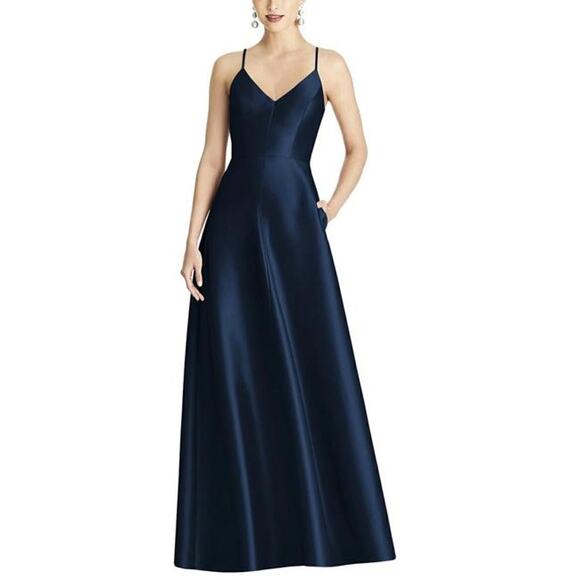 Alfred Sung V-Neck Criss Cross Back Satin Night Out Dress Midnight Blue Size 6 - Picture 1 of 6